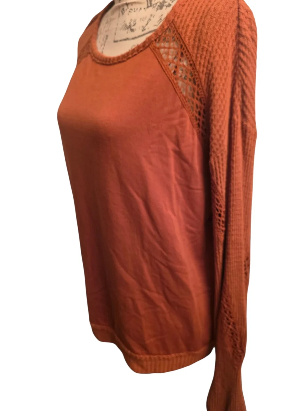 KNOX ROSE Women's Rust Crochet-Sleeve Pullover Top M Euc